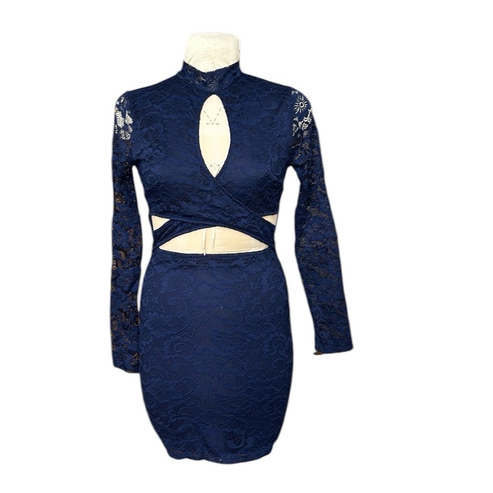 Windsor | Lace Navy Blue Cut Out BodyCon Dress Mock Neck Sheer L